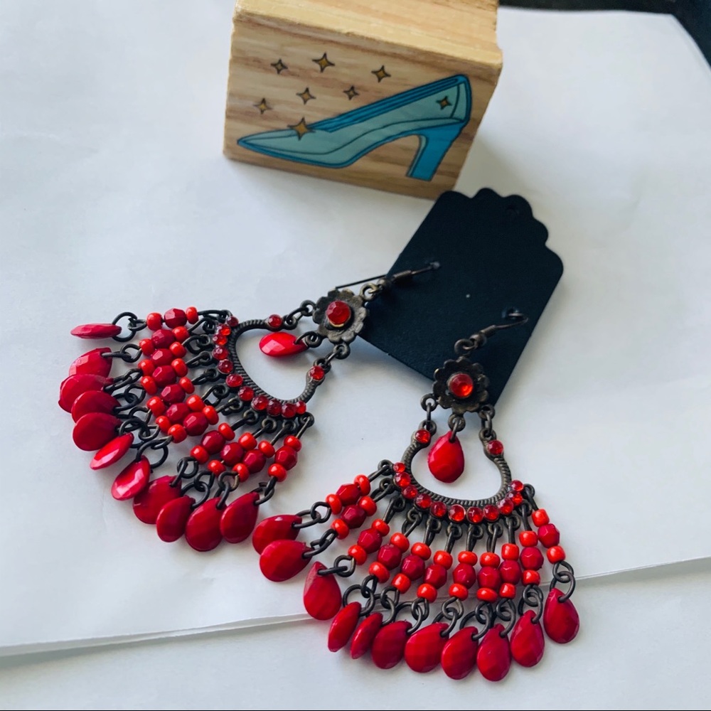 Vintage Red Drop  Chandelier Statement Earrings